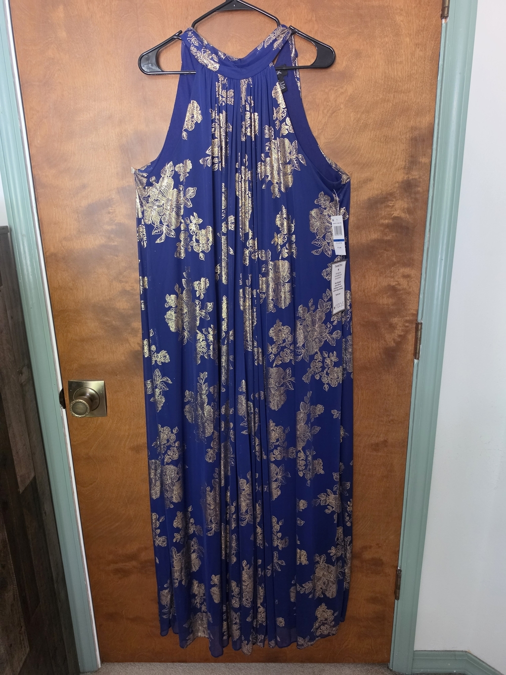 MSK Navy Blue Halter Maxi Dress with Gold Floral Print